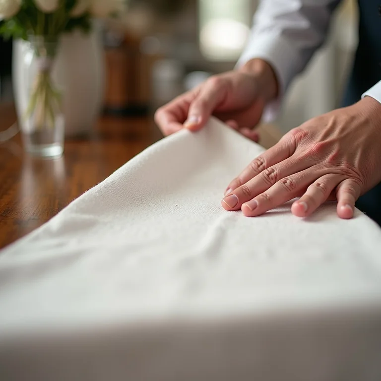 Toalhas de mesa de TNT sendo usadas para decorar mesas em uma festa de casamento grande