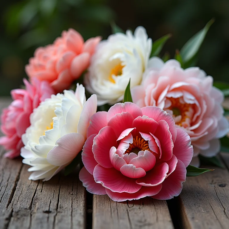 Variedade de buquês de peônias em diferentes cores e estilos.