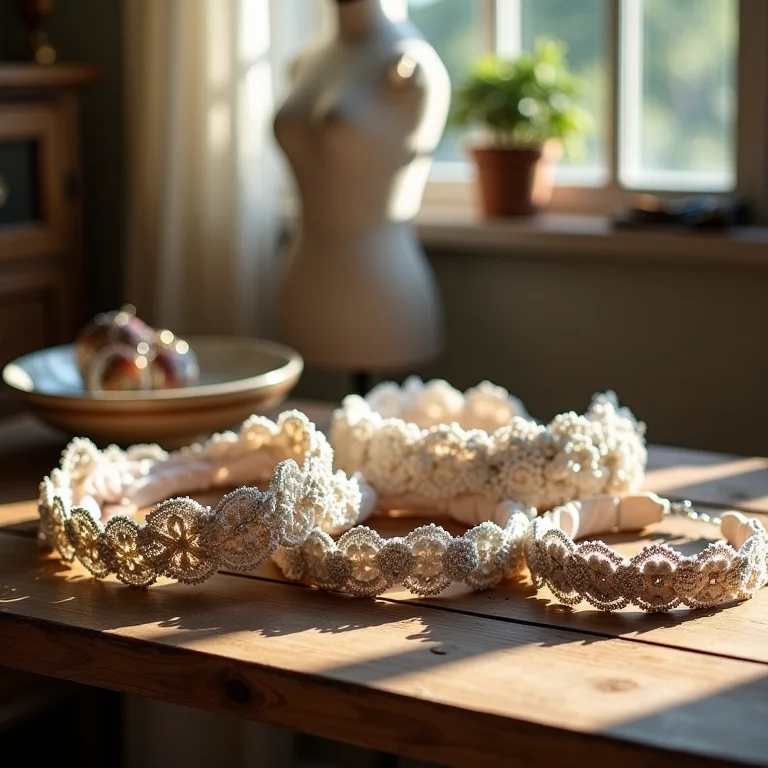 Variedade de headbands para noivas em mesa de madeira rústica