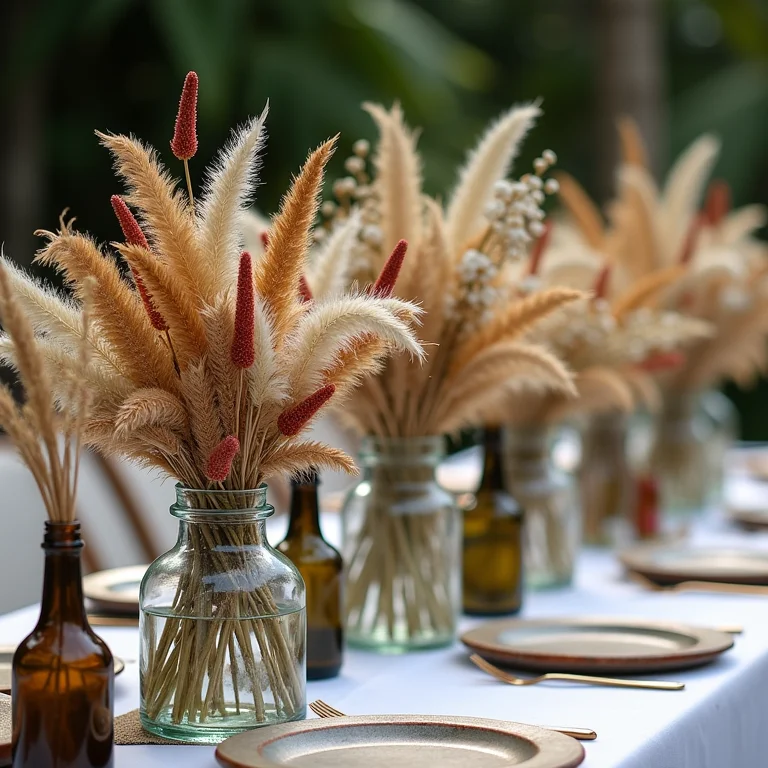 Vasos e garrafas decoradas com flores secas em casamento na fazenda.