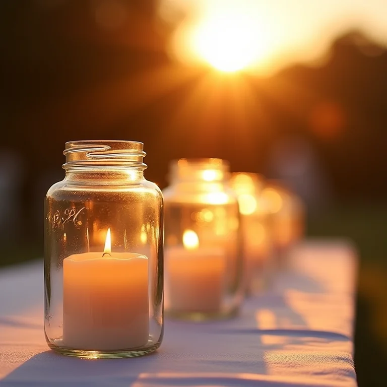 Velas em potes de vidro decorando corredor de casamento.