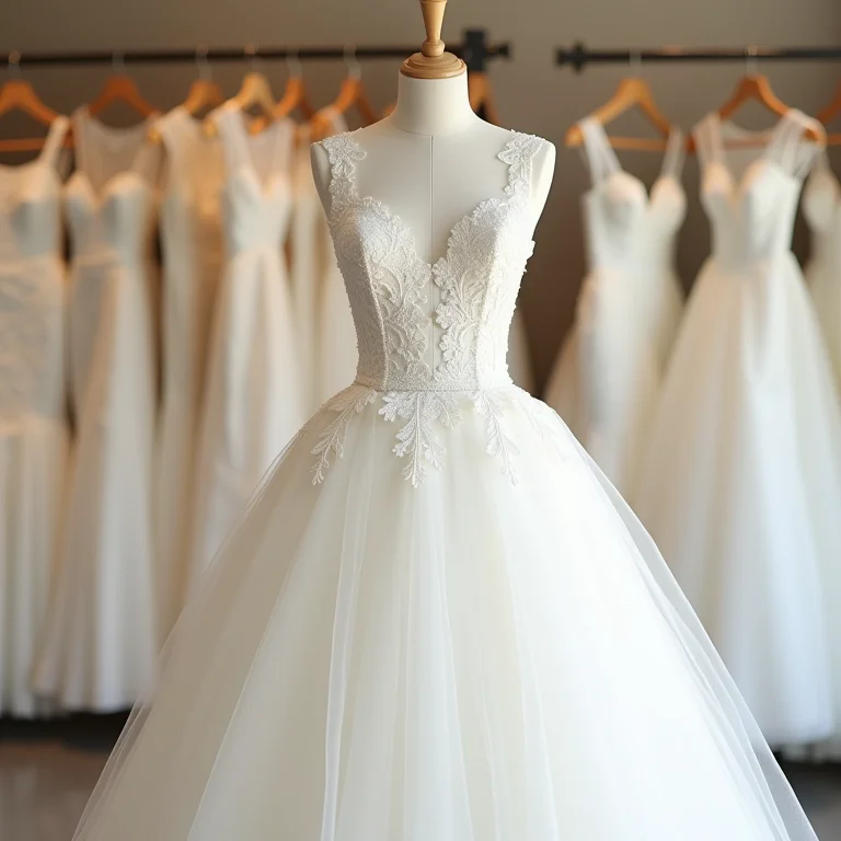 Vestido de noiva branco em uma loja de noivas.