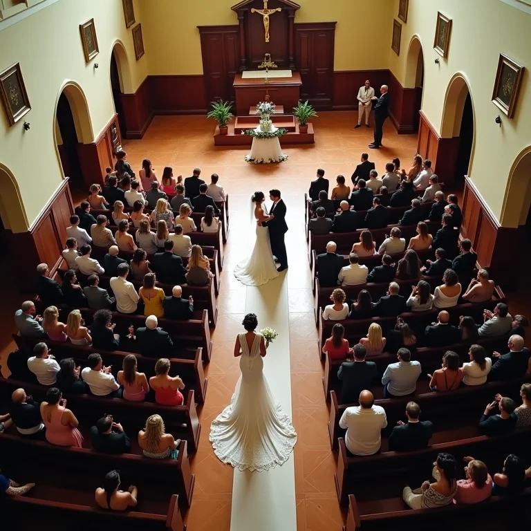 Visão aérea da cerimônia de casamento em igreja colonial capturada por drone.